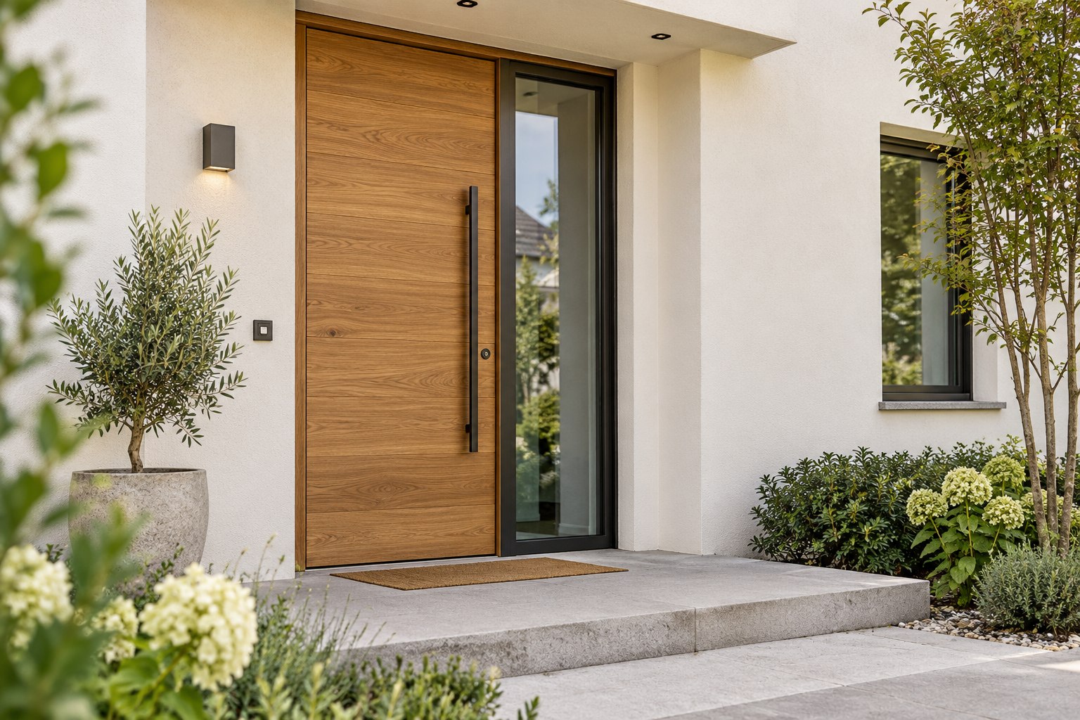Moderne Haustür aus Holz mit verglastem Seitenteil