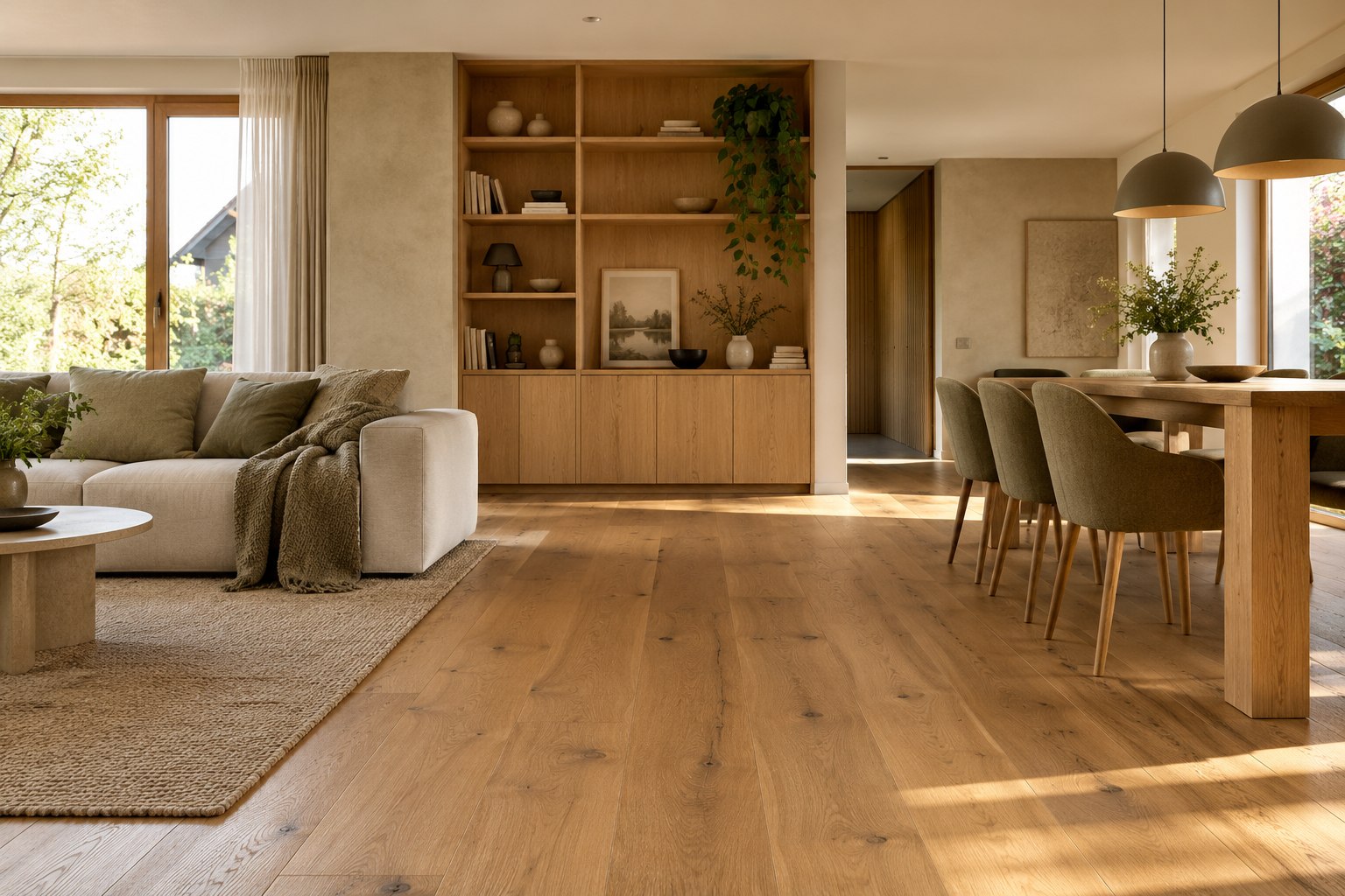 Wohnraum mit Naturholzboden und eingebautem Regal